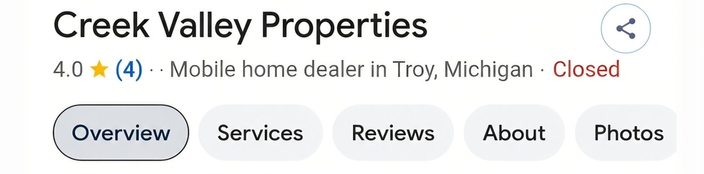 Google listing for Creek Valley Properties showing 4.0 stars and 4 reviews